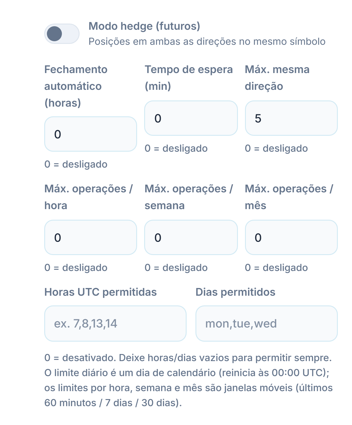 Execução Avançada: Modo hedge, Fechamento automático, Tempo de espera, Máx. mesma direção, limites de operações por hora, semana e mês, horas UTC permitidas e dias permitidos