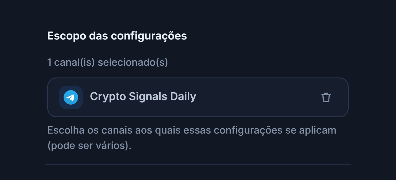 Seção Escopo das configurações depois de adicionar um canal: contador de 1 canal selecionado, chip do canal selecionado com marca verde e botão de remover no chip