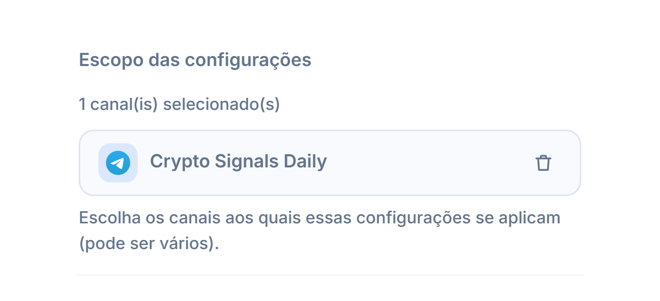 Seção Escopo das configurações depois de adicionar um canal: contador de 1 canal selecionado, chip do canal selecionado com marca verde e botão de remover no chip