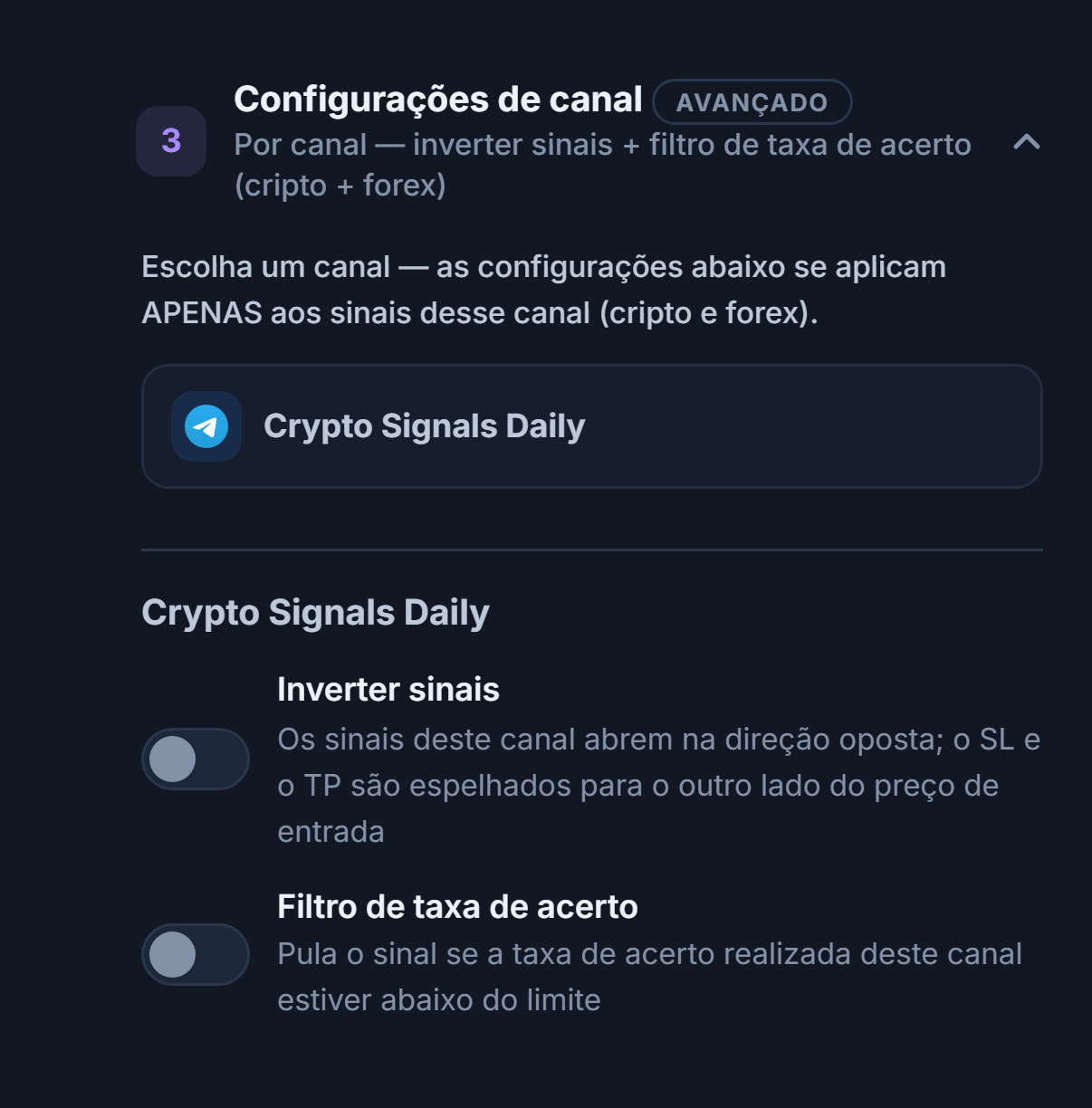 Sanfona Configurações do canal: linha do canal selecionado com borda, e abaixo as chaves Inverter sinais e Filtro de taxa de acerto