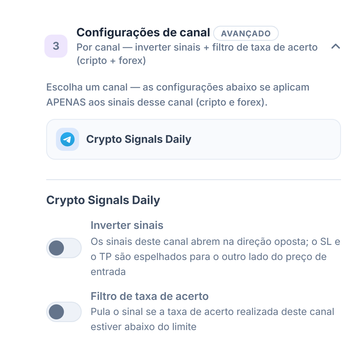 Sanfona Configurações do canal: linha do canal selecionado com borda, e abaixo as chaves Inverter sinais e Filtro de taxa de acerto