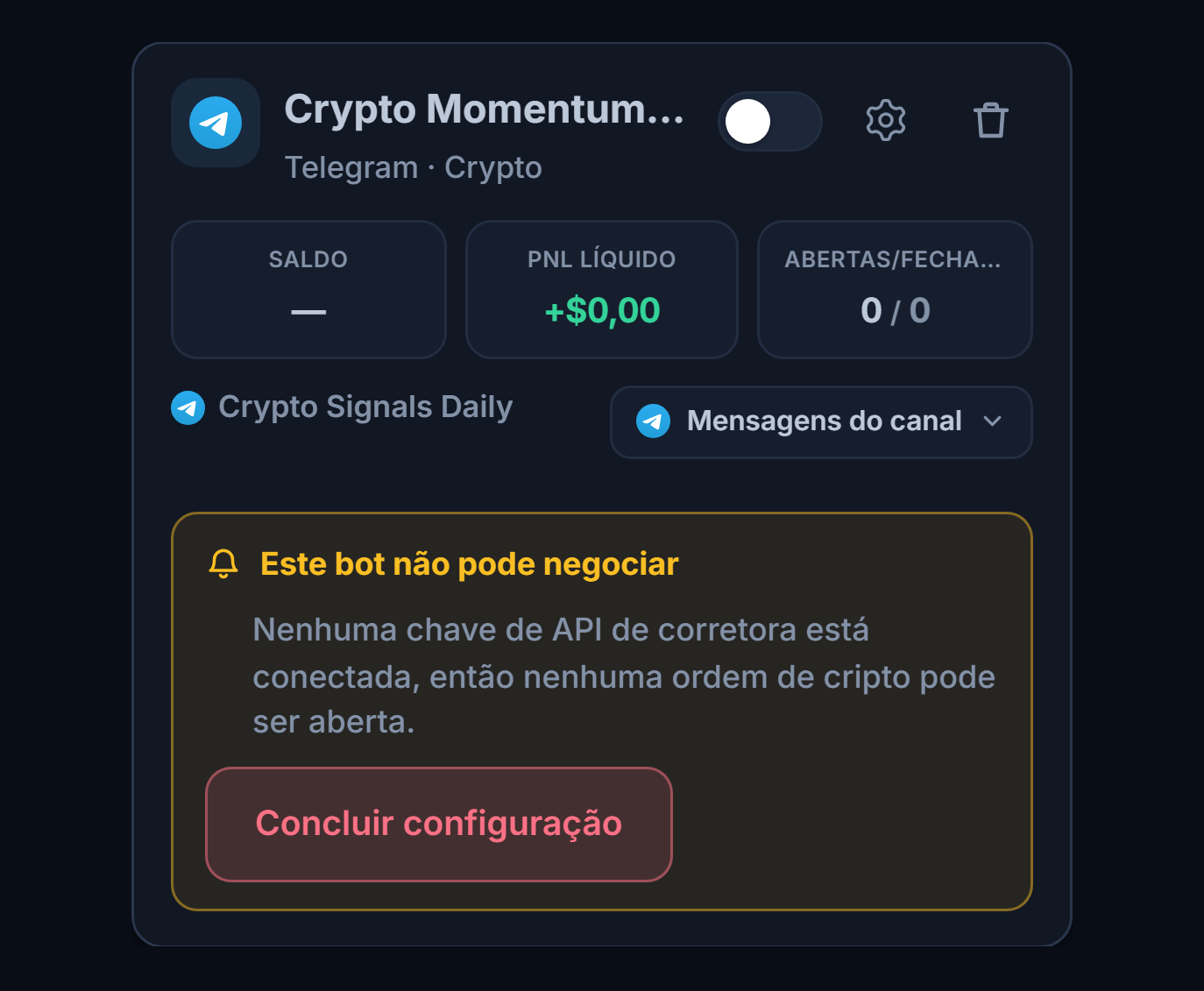 Cartão de bot recém-criado no painel Meus bots: nome e fonte do bot, lista Este bot não pode abrir operações e botão Concluir configuração