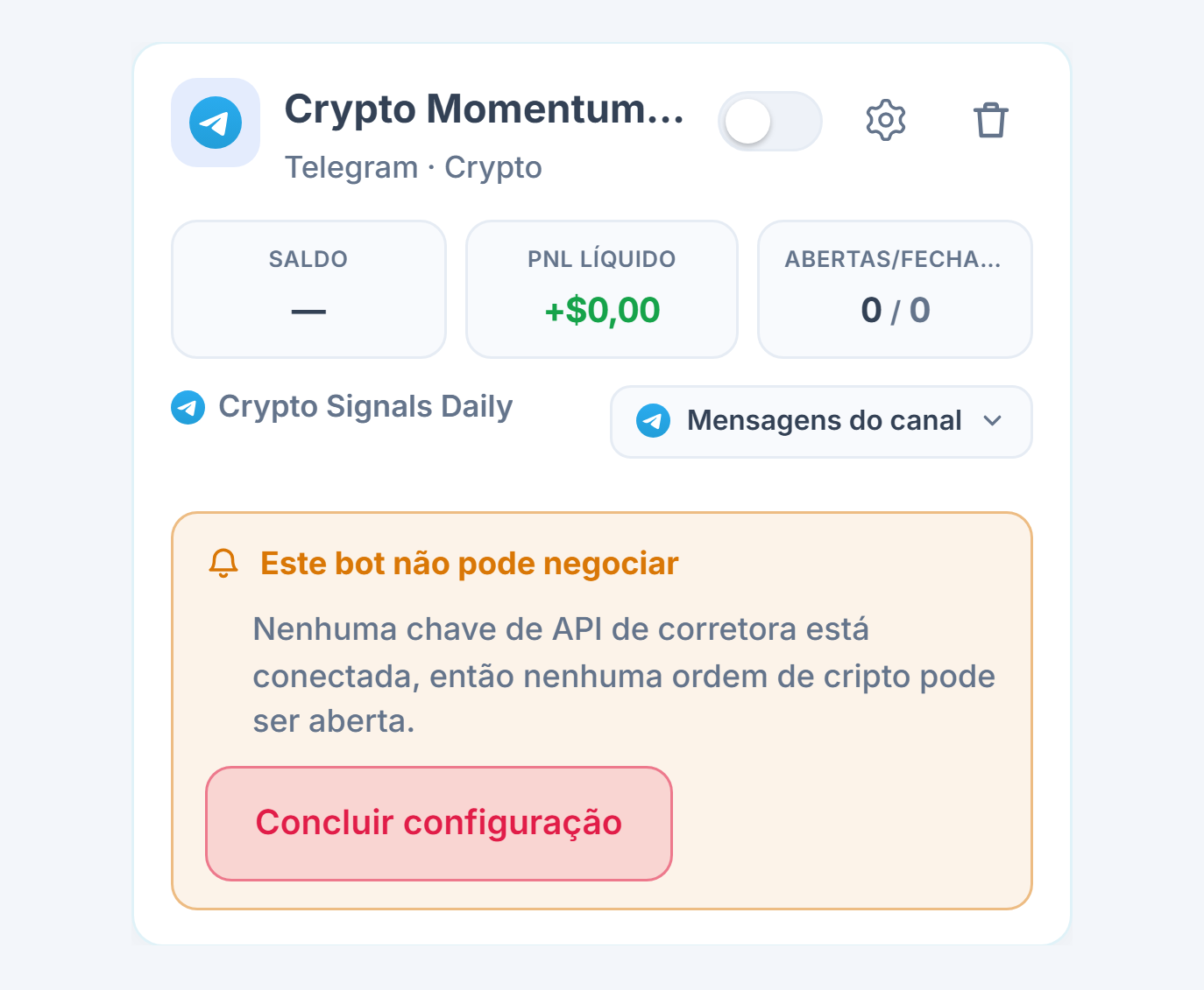 Cartão de bot recém-criado no painel Meus bots: nome e fonte do bot, lista Este bot não pode abrir operações e botão Concluir configuração