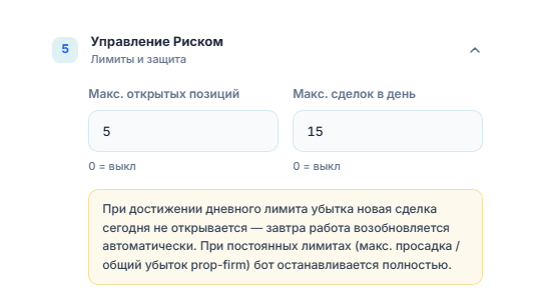 Управление риском, быстрый режим: макс. открытых позиций и макс. сделок в день