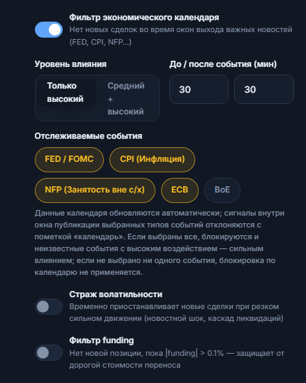Столбец рыночных фильтров Защитного щита: фильтр экономического календаря, уровень влияния, минуты до и после события, отслеживаемые события, страж волатильности и фильтр funding