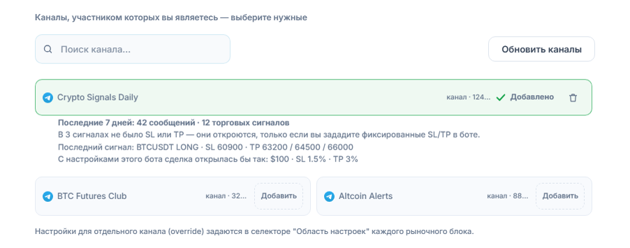 Раздел «Сигнальные каналы» после подключения: поле поиска канала, кнопка «Обновить каналы», каналы с кнопкой «Добавить», отметка «Добавлен» у добавленного канала и под ним сводка канала за 7 дней
