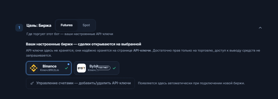 Раздел «Цель: биржа» после подключения API-ключа: выбор Futures/Spot, выбранная карточка Binance в синей рамке, карточка Bybit со значком TESTNET и ссылка «Управление аккаунтами»