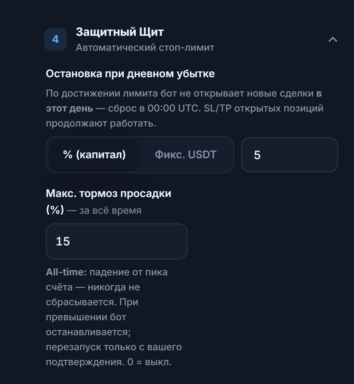 Защитный щит, быстрый режим: остановка по дневному убытку и тормоз макс. просадки