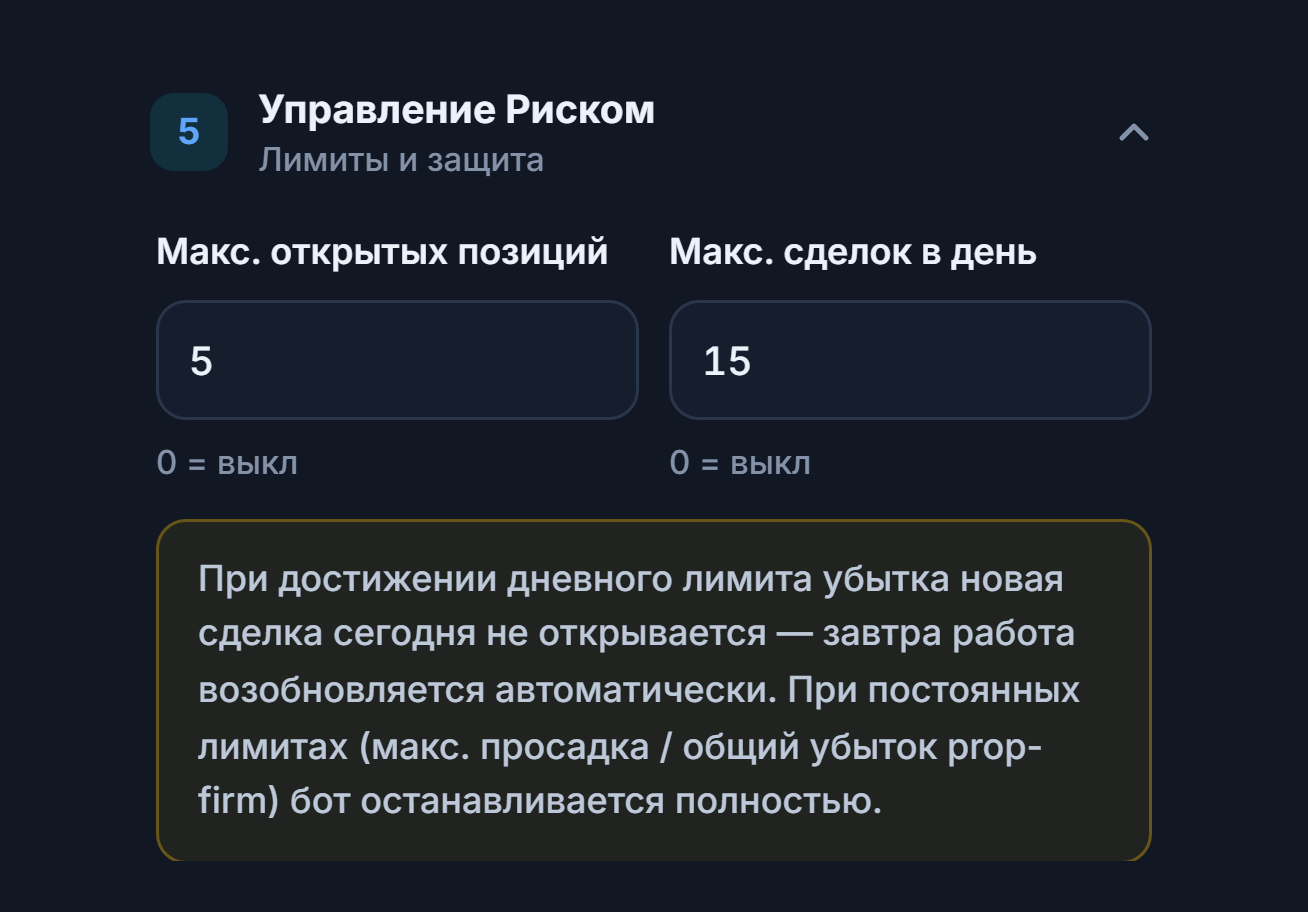 Управление риском, быстрый режим: макс. открытых позиций и макс. сделок в день