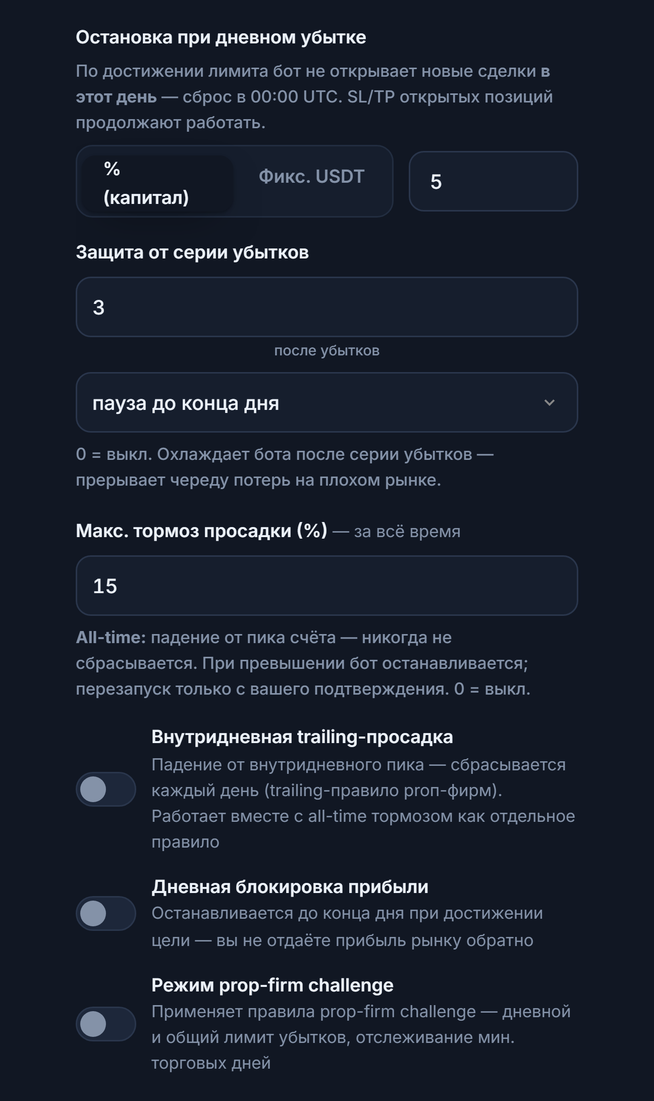 Защитный щит, расширенный режим, столбец убытка: дневной убыток, серия убытков подряд, макс. просадка, внутридневная trailing-просадка, лимит внутридневной просадки и час сброса, дневная блокировка прибыли