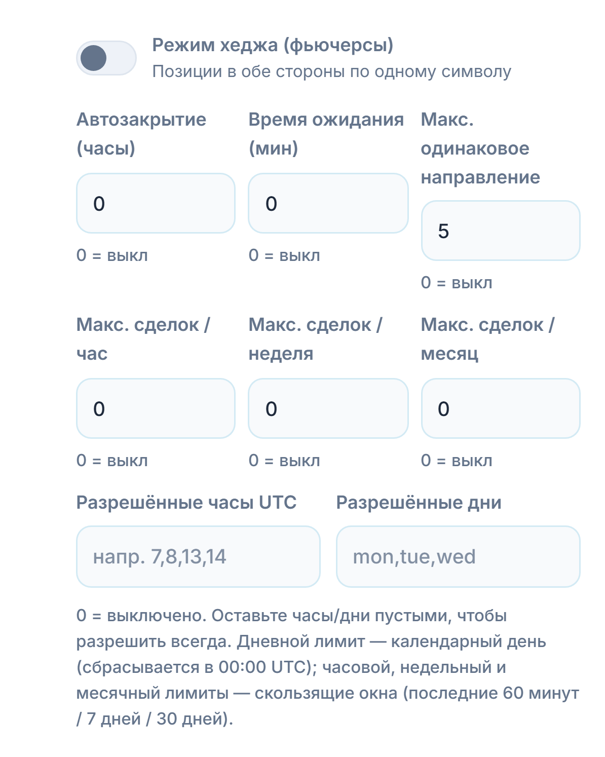 Расширенное исполнение: режим хеджа, автозакрытие, время ожидания, макс. одинаковое направление, часовой, недельный и месячный лимиты сделок, разрешённые часы UTC и разрешённые дни