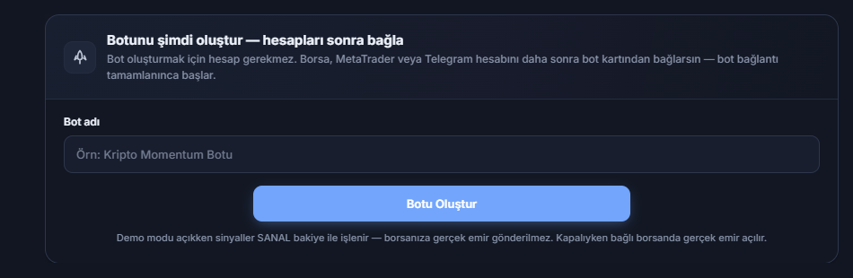 Botunu şimdi oluştur paneli: Bot adı alanı ve Botu Oluştur düğmesi