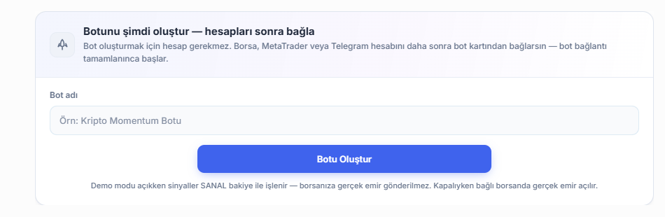 Botunu şimdi oluştur paneli: Bot adı alanı ve Botu Oluştur düğmesi