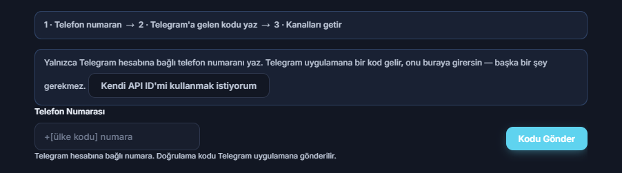 Telegram Bağlantısı: adım şeridi, Telefon Numarası alanı ve Kodu Gönder düğmesi