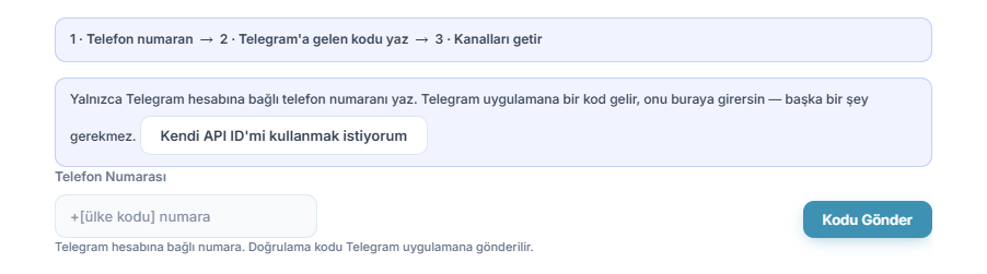 Telegram Bağlantısı: adım şeridi, Telefon Numarası alanı ve Kodu Gönder düğmesi