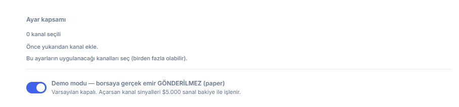Crypto Kurulumu üstü: Ayar kapsamı (0 kanal seçili) ve kapalı Demo modu anahtarı