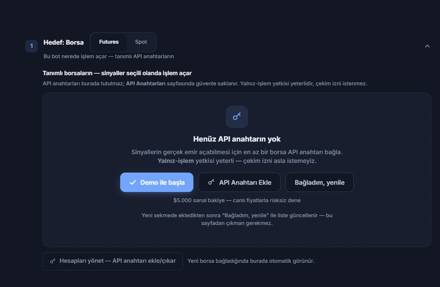 Hedef: Borsa bölümü, henüz API anahtarı yok: Futures/Spot seçimi, Demo ile başla, API Anahtarı Ekle, Bağladım yenile ve Hesapları yönet düğmeleri