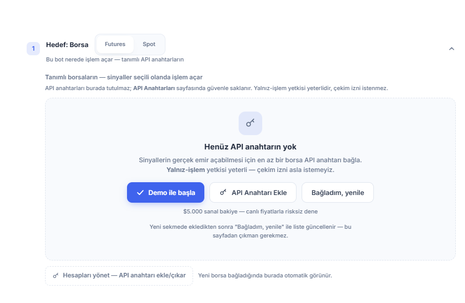 Hedef: Borsa bölümü, henüz API anahtarı yok: Futures/Spot seçimi, Demo ile başla, API Anahtarı Ekle, Bağladım yenile ve Hesapları yönet düğmeleri
