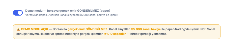 Demo modu açık: anahtar açık konumda ve turuncu DEMO MODU AÇIK uyarı şeridi