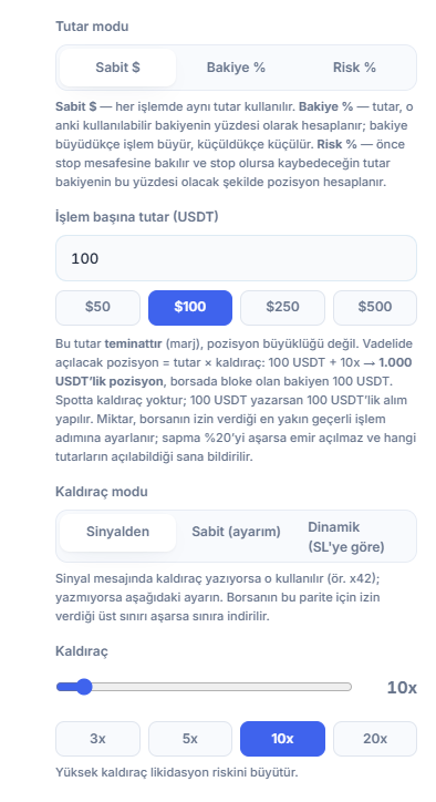 Pozisyon Boyutu ve Kaldıraç: Sabit dolar modu, işlem başına tutar, kaldıraç modu ve kaldıraç kaydırıcısı