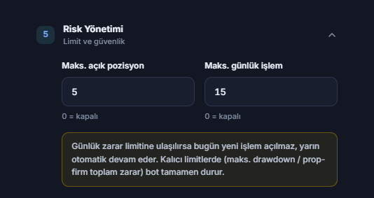 Risk Yönetimi hızlı mod: Maks. açık pozisyon ve Maks. günlük işlem