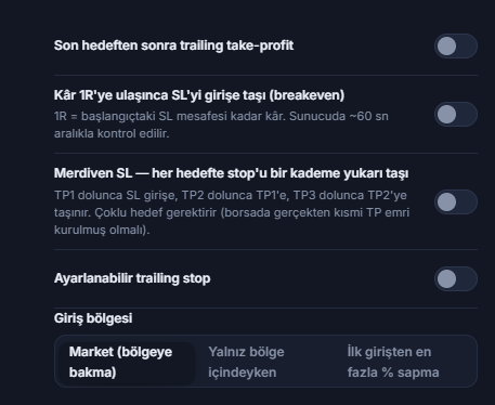 SL/TP yönetimi sütunu: trailing take-profit, breakeven, Merdiven SL, ayarlanabilir trailing stop ve aktivasyon/geri çekilme alanları, Giriş bölgesi