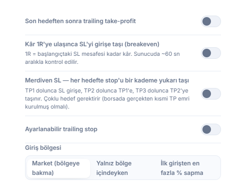 SL/TP yönetimi sütunu: trailing take-profit, breakeven, Merdiven SL, ayarlanabilir trailing stop ve aktivasyon/geri çekilme alanları, Giriş bölgesi