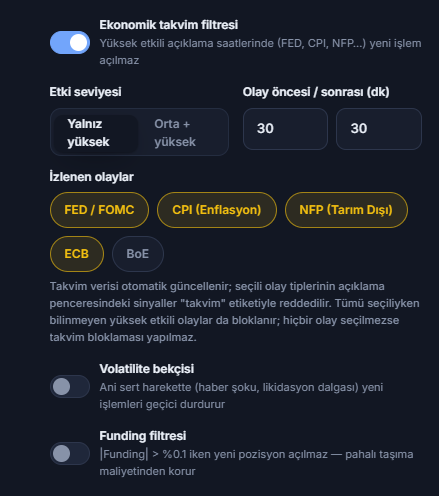 Koruma Kalkanı piyasa sütunu: ekonomik takvim filtresi, etki seviyesi, olay öncesi ve sonrası dakika, izlenen olaylar, volatilite bekçisi ve funding filtresi