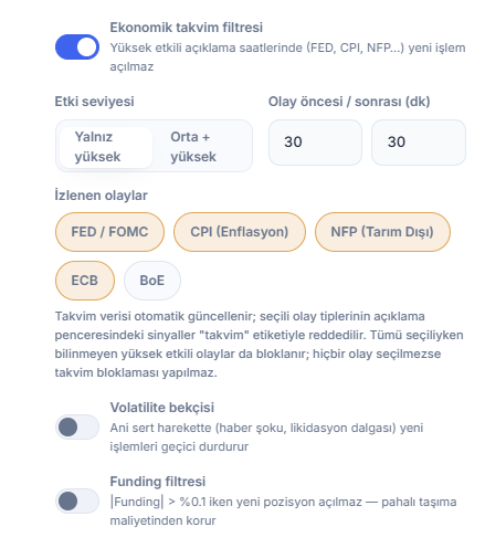 Koruma Kalkanı piyasa sütunu: ekonomik takvim filtresi, etki seviyesi, olay öncesi ve sonrası dakika, izlenen olaylar, volatilite bekçisi ve funding filtresi