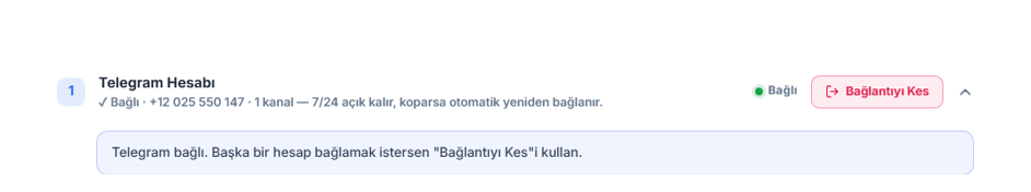 Telegram Hesabı bölümü bağlandıktan sonra: yeşil Bağlı rozeti, Bağlantıyı Kes düğmesi ve Telegram bağlı notu