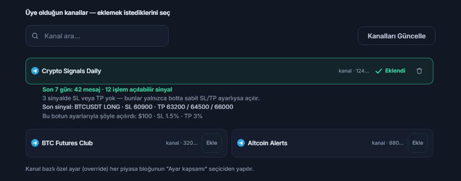 Sinyal Kanalları bölümü bağlandıktan sonra: kanal arama kutusu, Kanalları Güncelle düğmesi, Ekle düğmeli kanallar, eklenmiş bir kanalda Eklendi işareti ve altında 7 günlük kanal karnesi