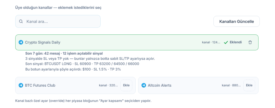 Sinyal Kanalları bölümü bağlandıktan sonra: kanal arama kutusu, Kanalları Güncelle düğmesi, Ekle düğmeli kanallar, eklenmiş bir kanalda Eklendi işareti ve altında 7 günlük kanal karnesi