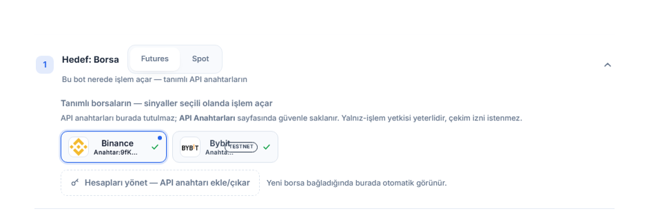 Hedef: Borsa bölümü API anahtarı bağlandıktan sonra: Futures/Spot seçimi, mavi çerçeveli seçili Binance kartı, TESTNET rozetli Bybit kartı ve Hesapları yönet bağlantısı