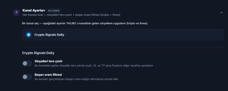 Kanal Ayarları akordeonu: seçili kanal satırı çerçeveli, altında Sinyalleri ters çevir ve Başarı oranı filtresi anahtarları