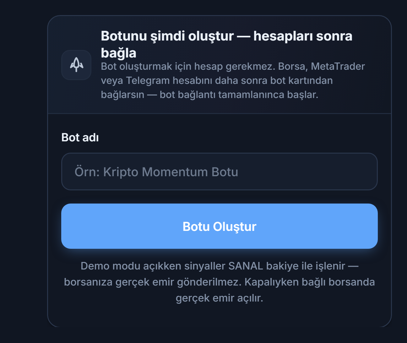 Botunu şimdi oluştur paneli: Bot adı alanı ve Botu Oluştur düğmesi