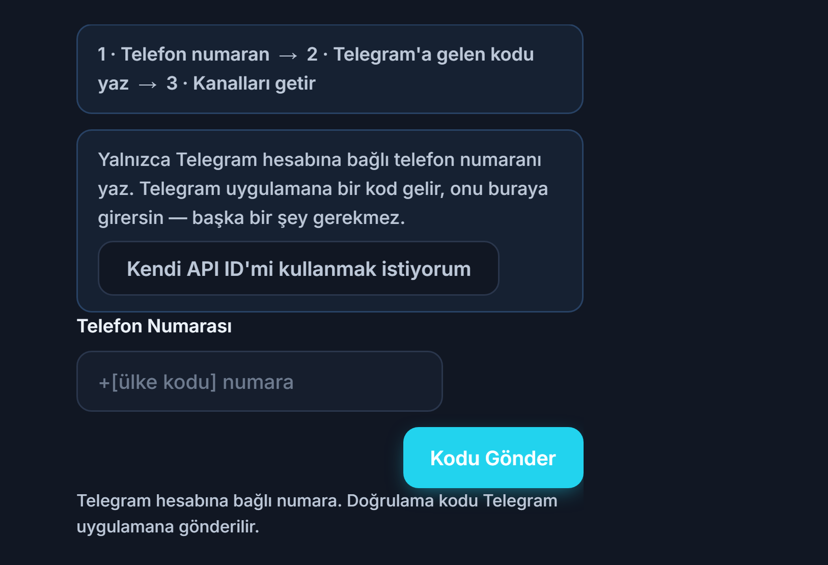 Telegram Bağlantısı: adım şeridi, Telefon Numarası alanı ve Kodu Gönder düğmesi
