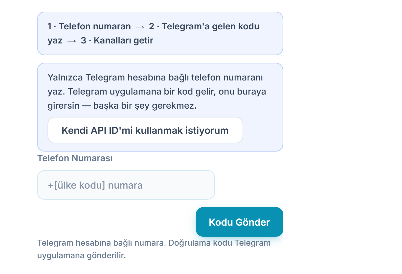 Telegram Bağlantısı: adım şeridi, Telefon Numarası alanı ve Kodu Gönder düğmesi