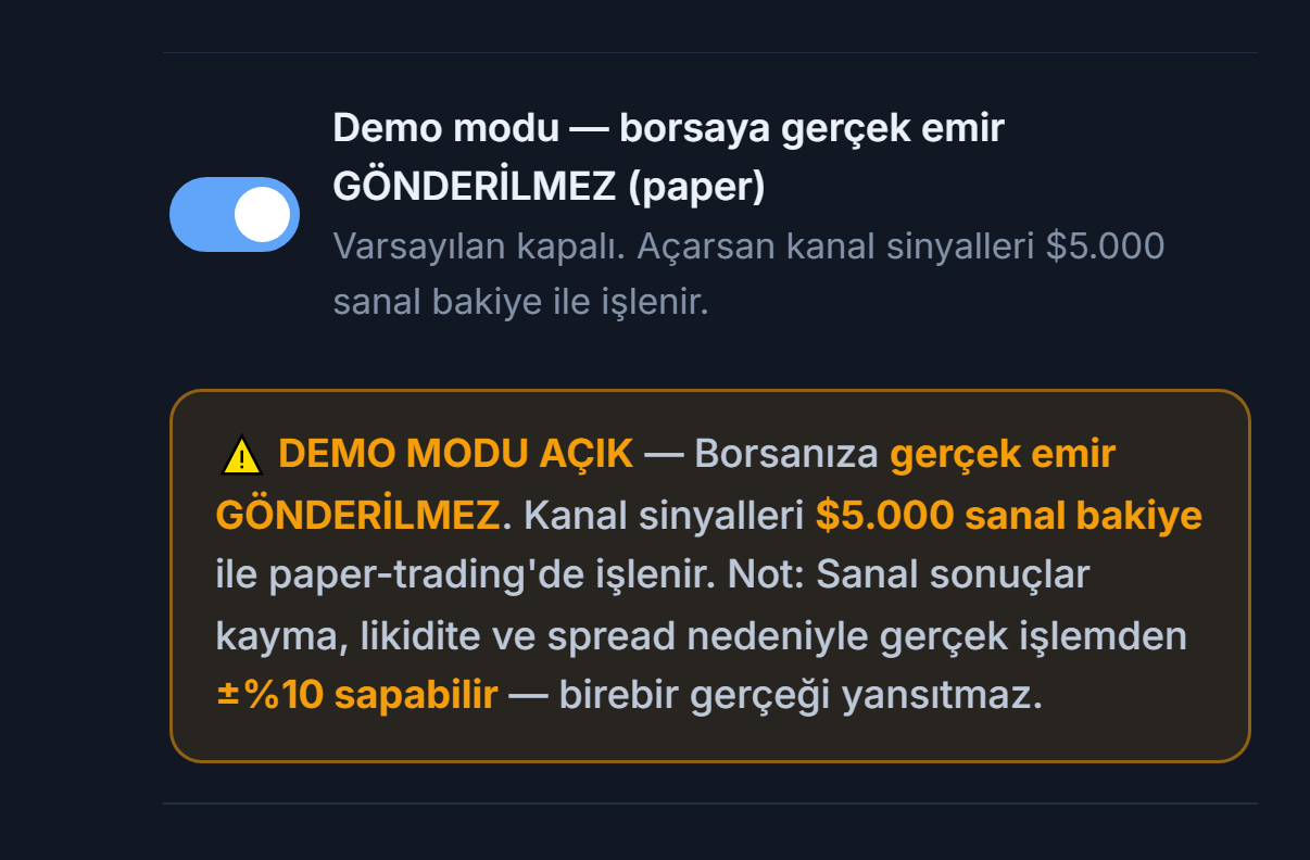 Demo modu açık: anahtar açık konumda ve turuncu DEMO MODU AÇIK uyarı şeridi