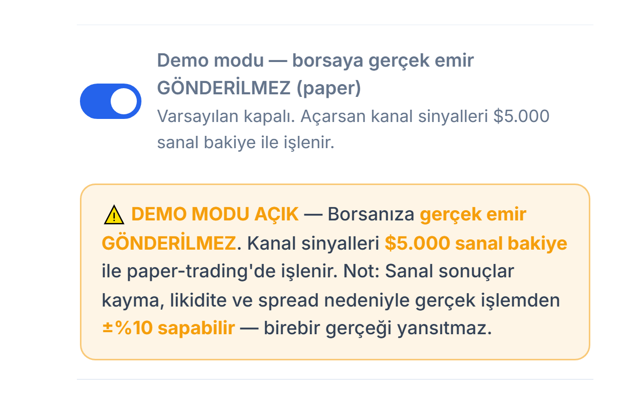 Demo modu açık: anahtar açık konumda ve turuncu DEMO MODU AÇIK uyarı şeridi