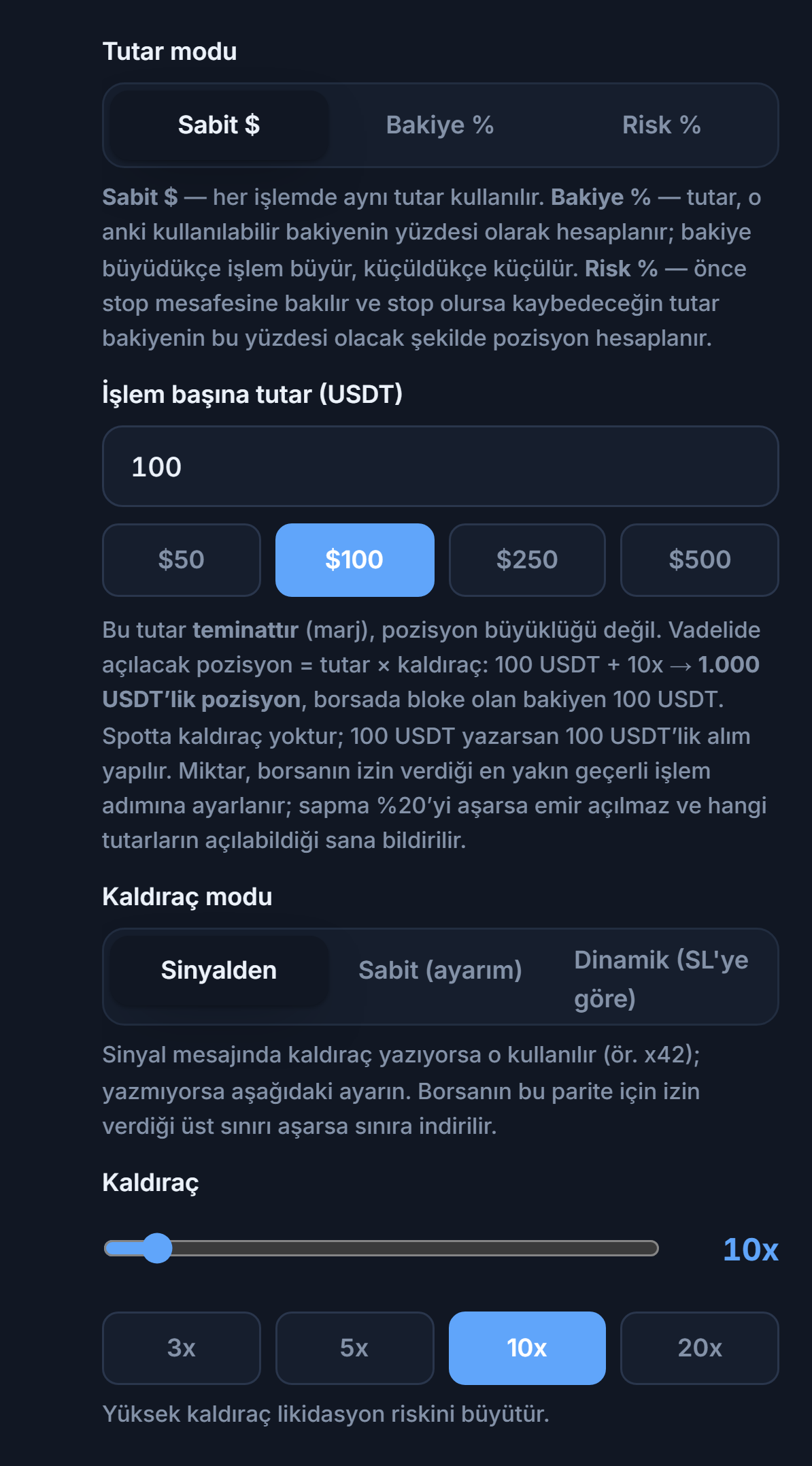 Pozisyon Boyutu ve Kaldıraç: Sabit dolar modu, işlem başına tutar, kaldıraç modu ve kaldıraç kaydırıcısı