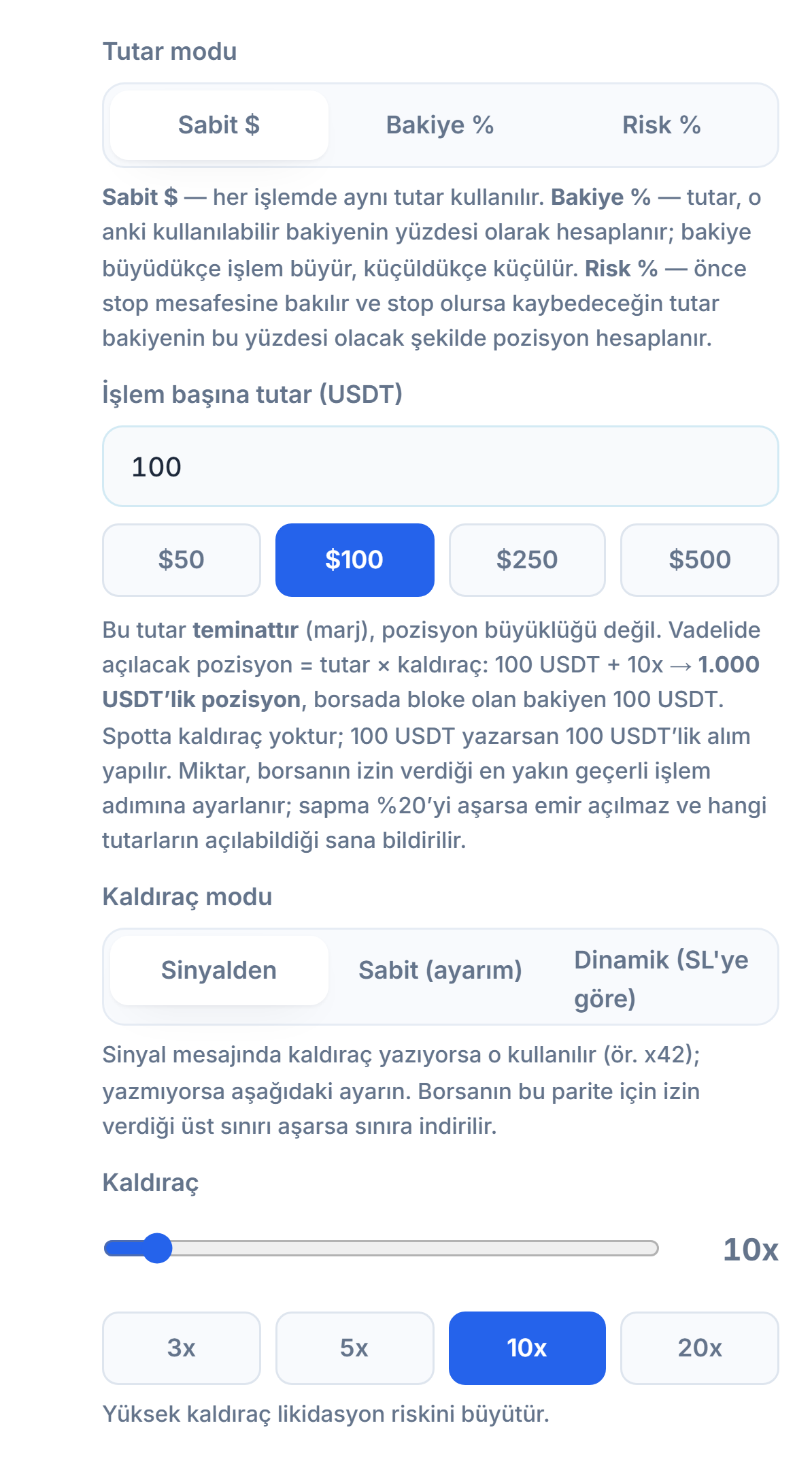Pozisyon Boyutu ve Kaldıraç: Sabit dolar modu, işlem başına tutar, kaldıraç modu ve kaldıraç kaydırıcısı