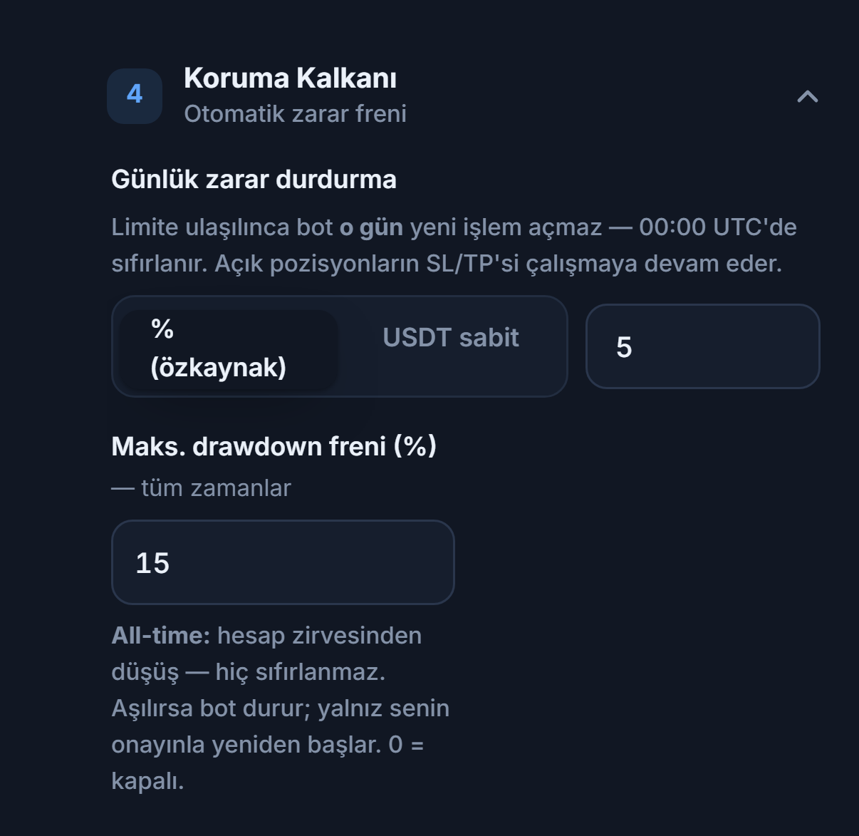 Koruma Kalkanı hızlı mod: Günlük zarar durdurma ve Maks. drawdown freni