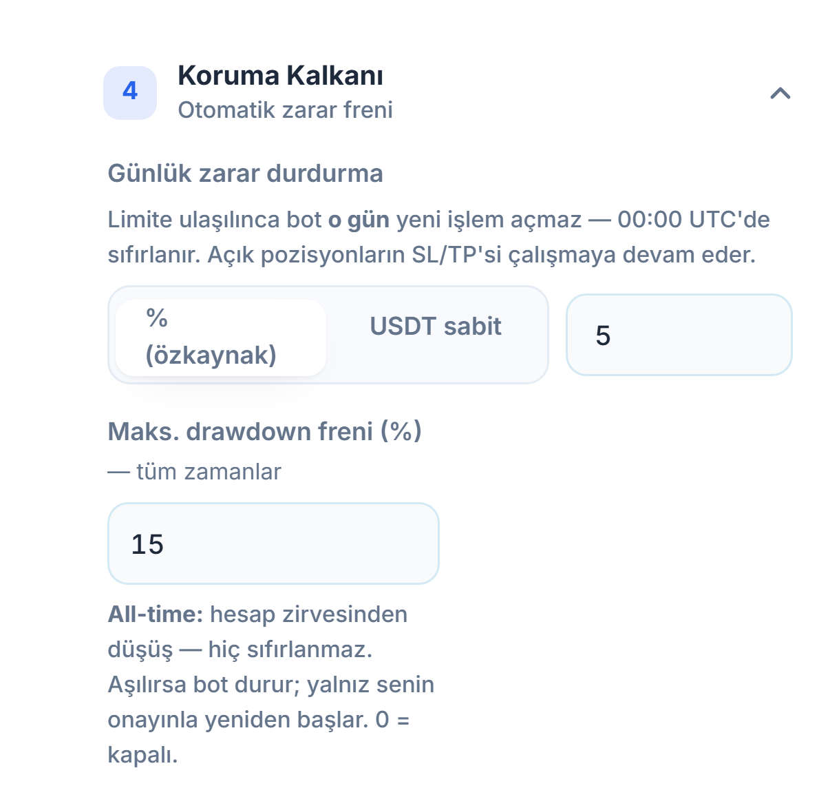 Koruma Kalkanı hızlı mod: Günlük zarar durdurma ve Maks. drawdown freni