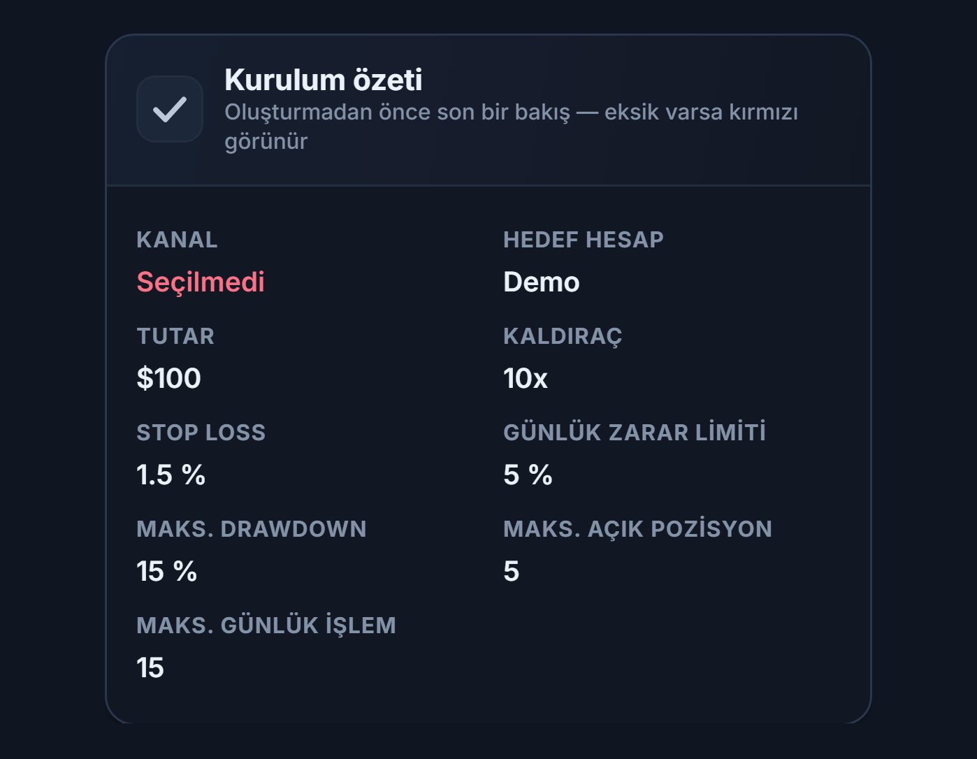 Kurulum özeti: Kanal alanında kırmızı Seçilmedi, Hedef hesap alanında Demo yazısı
