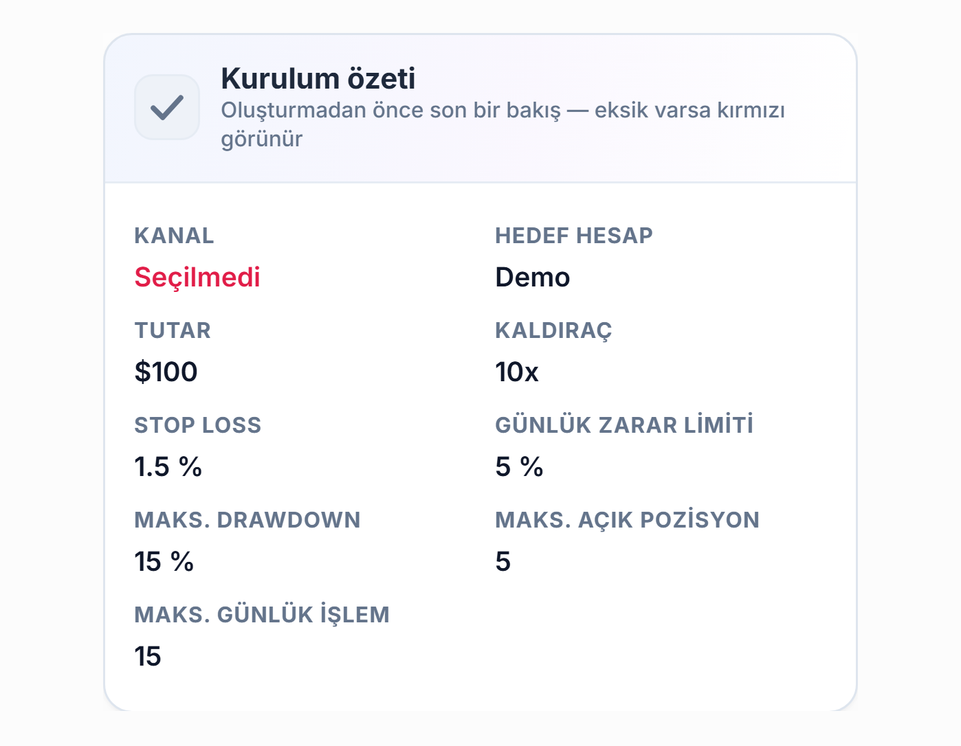 Kurulum özeti: Kanal alanında kırmızı Seçilmedi, Hedef hesap alanında Demo yazısı