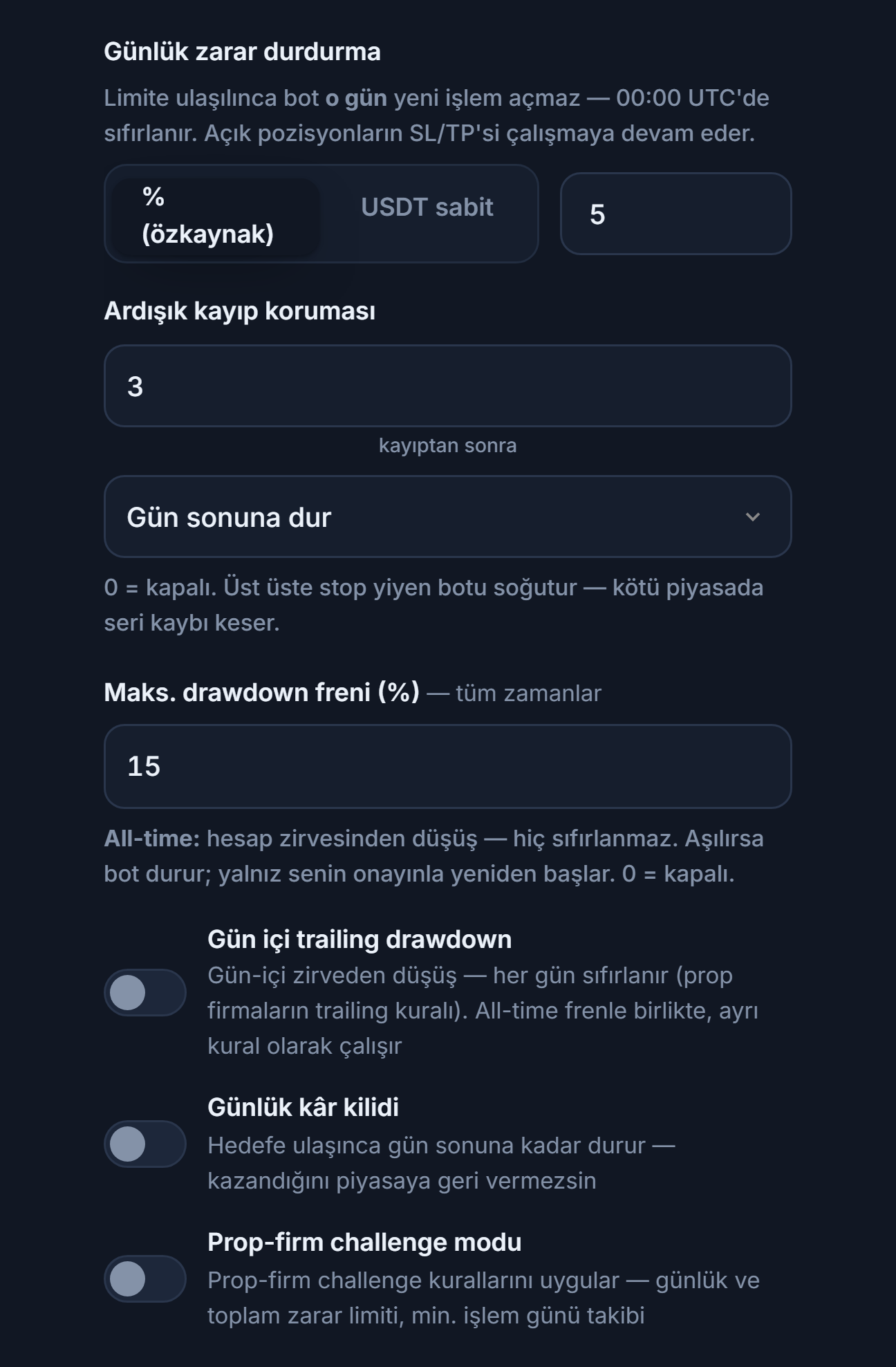 Koruma Kalkanı gelişmiş, zarar sütunu: günlük zarar, ardışık kayıp, maks. drawdown, gün içi trailing drawdown, gün-içi düşüş limiti ve sıfırlama saati, günlük kâr kilidi