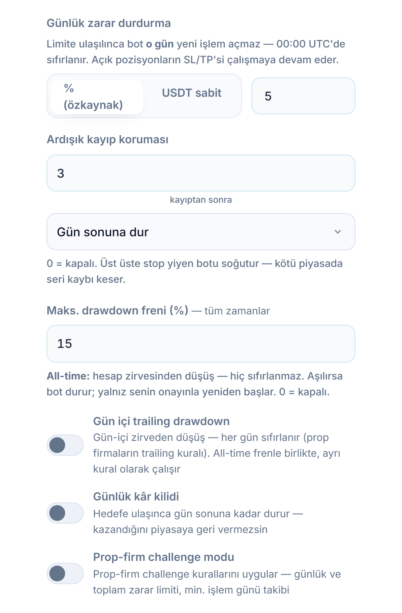 Koruma Kalkanı gelişmiş, zarar sütunu: günlük zarar, ardışık kayıp, maks. drawdown, gün içi trailing drawdown, gün-içi düşüş limiti ve sıfırlama saati, günlük kâr kilidi