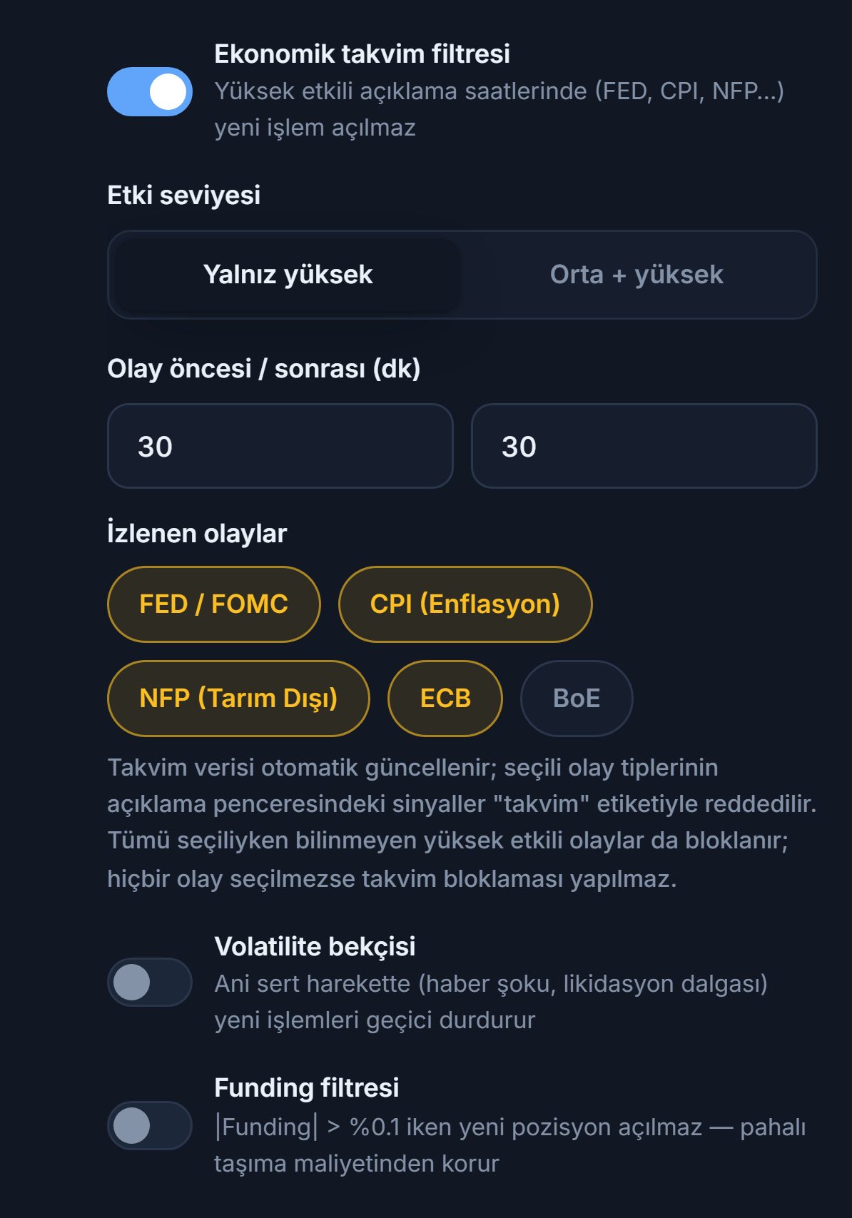 Koruma Kalkanı piyasa sütunu: ekonomik takvim filtresi, etki seviyesi, olay öncesi ve sonrası dakika, izlenen olaylar, volatilite bekçisi ve funding filtresi