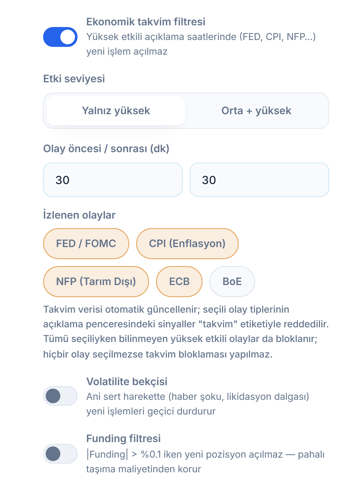 Koruma Kalkanı piyasa sütunu: ekonomik takvim filtresi, etki seviyesi, olay öncesi ve sonrası dakika, izlenen olaylar, volatilite bekçisi ve funding filtresi