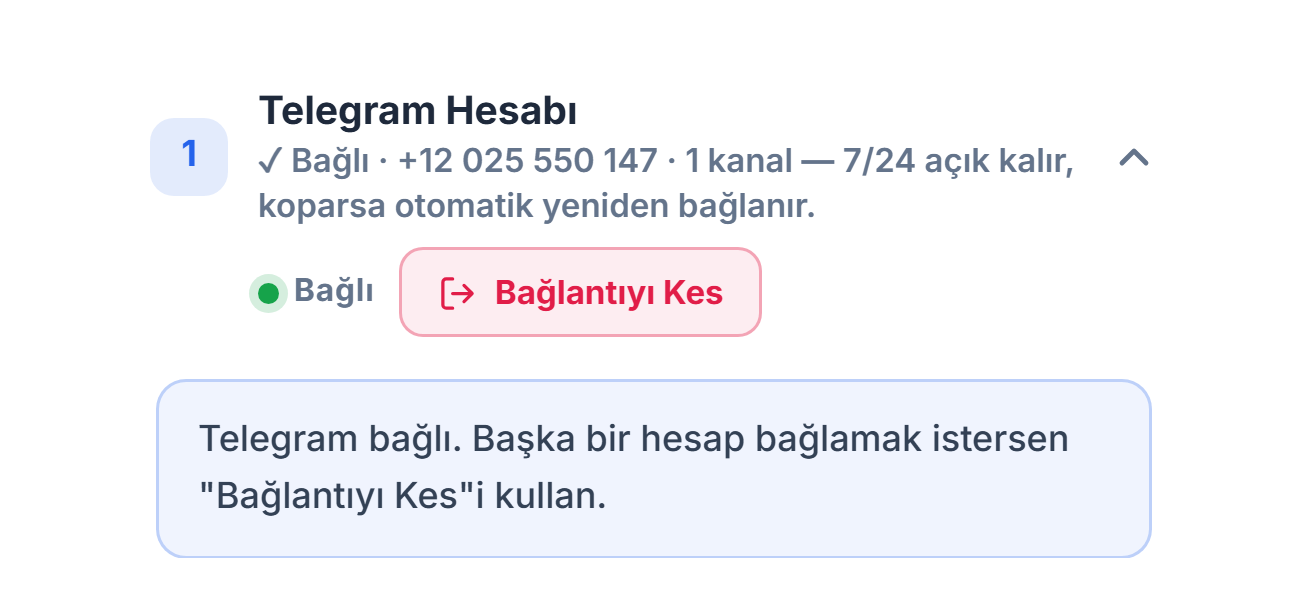 Telegram Hesabı bölümü bağlandıktan sonra: yeşil Bağlı rozeti, Bağlantıyı Kes düğmesi ve Telegram bağlı notu